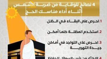 عاجل.. 
                                            الصحة تحذر الحجاج: اتبعوا هذه النصائح الأربعة لتجنب ضربة الشمس.. إنفوجراف