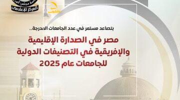 عاجل.. 
                                            مجلس الوزراء: مصر في الصدارة الإقليمية والإفريقية بتصنيفات الجامعات لعام 2025