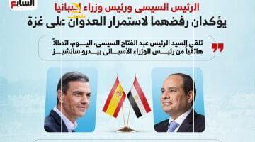 عاجل.. 
                                            الرئيس السيسى ورئيس وزراء إسبانيا يرفضان استمرار العدوان على غزة.. إنفوجراف