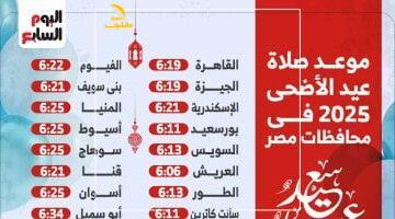 بالدقيقة.. موعد صلاة العيد 2025 في كل محافظات مصر إنفوجراف