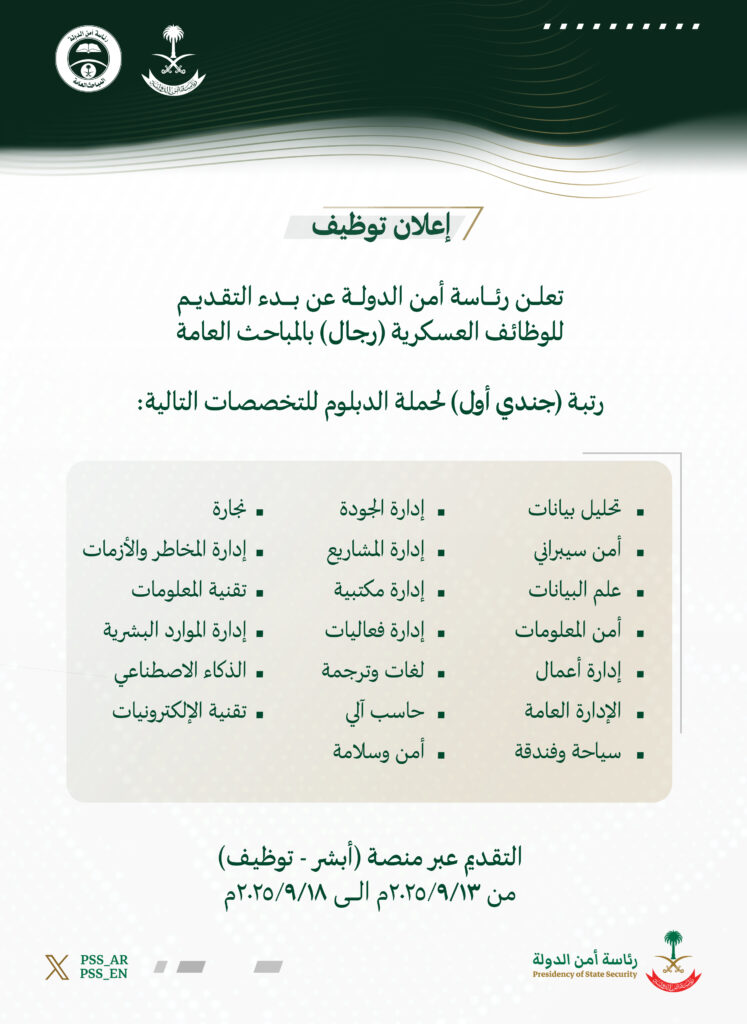 إعلان رئاسة أمن الدولة لوظائف المباحث العامة رجال