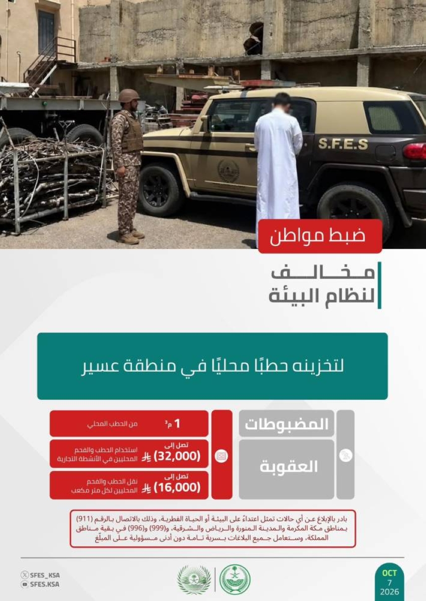 القوات الخاصة للأمن البيئي تضبط مواطنًا مخالفًا لنظام البيئة لتخزينه حطبًا محليًا في منطقة عسير