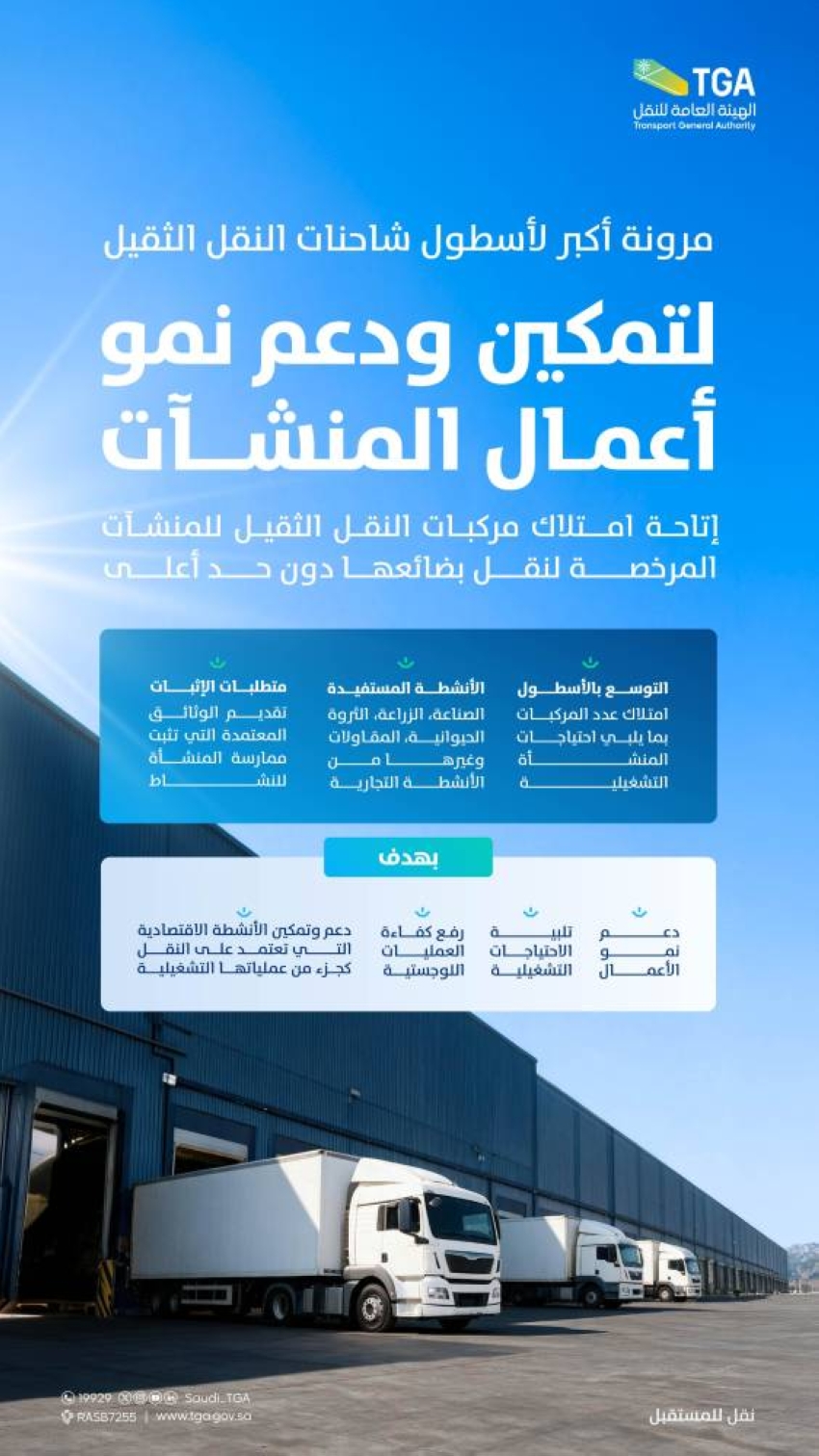 هيئة النقل تتيح مرونة أكبر لأسطول شاحنات المُرخصين في نشاط النقل الثقيل للبضائع التجارية